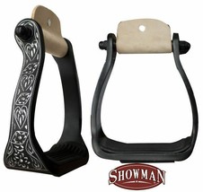 Black Engraved w/ Silver Western Horse Saddle Bling! Show Stirrups Barrel Racing - £31.01 GBP