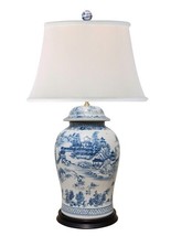 Beautiful Chinese Blue and White Blue Willow Porcelain Temple Jar Table Lamp 35&quot; - £318.86 GBP