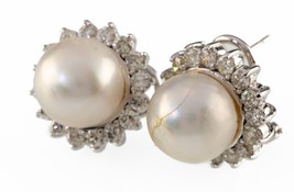 14k White Gold South Sea Cultured Pearl Earring Studs w/ Diamond Bezel &amp; Cert - £2,842.77 GBP