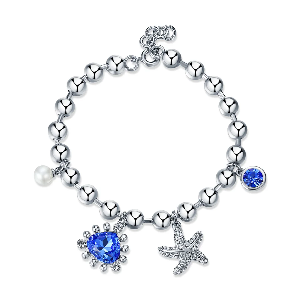 Viennois Korean Style Bracelets For Women Blue Rhinestone Starfish Chain Bracele - £31.31 GBP