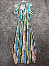 OB Fashion Dress Women Large Blue Stripe Cold Shoulder Blouson Short Sleeve - £7.82 GBP