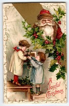 Santa Claus Christmas Postcard Children Decorating Holly Strands Germany Antique - £28.71 GBP