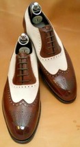 Two Tone Handmade Leather Brown Patina Wingtips Lace up Dress Shoes For Men - $161.49
