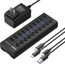 Powered 10 Port USB Hub USB 3.2 Gen 1 Data Hub with Independent On Off Switch US - £55.58 GBP