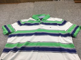 Tommy Hilfiger Performance Pique Green White Blue Mens Large Striped Polo - $11.87