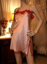 Vtg Victoria&#39;s Secret Sz S Silky Pink Chemise Nightgown Red Lace Trim Bu... - £19.46 GBP