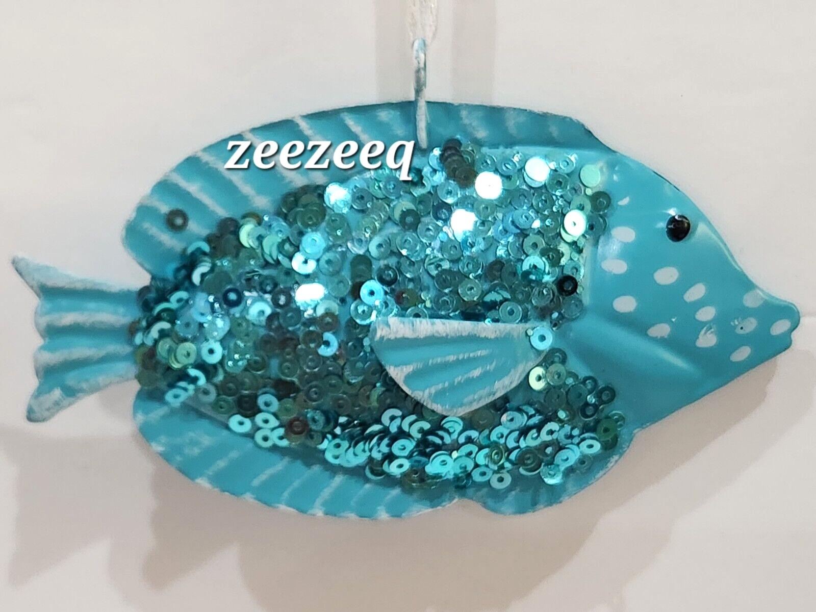 Christmas Coastal Nautical Aqua Blue Beaded Fish Tree Ornament Decor 4.25&quot; - $13.85