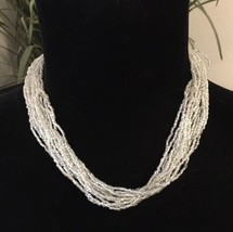 Vintage Multi-Strand Seed Bead Necklace Elegant Icy Pearly White - £12.23 GBP