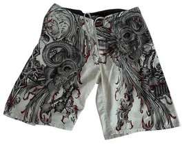 MMA Elite Board Shorts Mens 38 Beige Skull Gladiator Ram Horns AOP Swim Y2K - $42.75