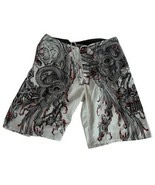 MMA Elite Board Shorts Mens 38 Beige Skull Gladiator Ram Horns AOP Swim Y2K - $42.75