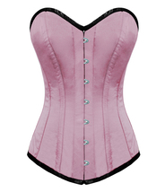 Overbust long torso full steel bone Bustier back ribbon pink satin corset - £36.16 GBP+