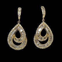 2.07CT Round &amp; Baguette Diamond Dangle Earrings 14k Yellow Gold Finish - £82.89 GBP