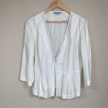 Linen Blend Off White Cardigan Women’s Large Blazer Beaded Jacket Lightw... - £32.69 GBP