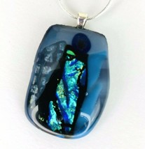 Dichroic Fused Art Glass Blue Sparkle Square  Pendant Necklace 24&quot; Chain - £22.13 GBP
