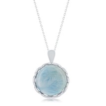 Sterling Silver Large Round Larimar with Wavy Design Border Pendant - £92.17 GBP