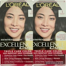 2 Packages L&#39;Oreal Excellence #1 Black Creme Permanent Hair Color Gray C... - £10.03 GBP