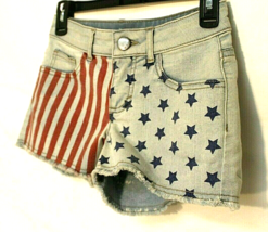 American Flag Denim Shorts Size 3 Red &amp; Blue Light Blue Cut Off Shorts Pockets - £11.21 GBP
