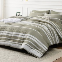 Bed In A Bag King 7 Pieces, Olive Green White Striped Bedding Comforter ... - £89.51 GBP