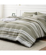 Bed In A Bag King 7 Pieces, Olive Green White Striped Bedding Comforter ... - £87.88 GBP