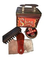 Vintage Shoe Shine Tin - 5 Cents - Maroon Red &amp; Gold Colors - Raised Sho... - £27.56 GBP