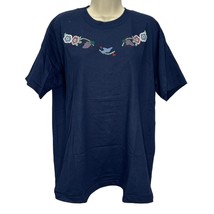 Vintage 90s Single Stitch T-Shirt Navy Blue Size L Womens Floral Bird 3D Country - £22.27 GBP