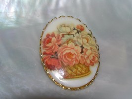 Vintage Orange &amp; Yellow Flowers in Basket Oval Porcelain Ceramic in Goldtone  - £8.37 GBP