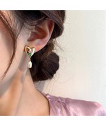 Tulip Metal Love Pearl Earrings, Heart Shaped Pearl Drop Earrings - $19.31 CAD