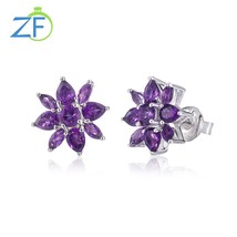  925 sterling silver flower stud earrings for women 6ct natural sky blue topaz amethyst thumb200