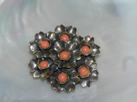 Vintage Slightly Layered Oxidized Silver Flower Cluster w Plastic Coral Orange - £7.46 GBP