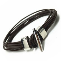 Genuine Leather Mens Bracelet Dark Brown Multi Strand Twist Clasp Metal Fastener - £5.55 GBP