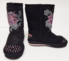 Skechers S Light Up Boots Pull On Faux Fur Studded Flower 10167L Black Kid's 12 - $26.70
