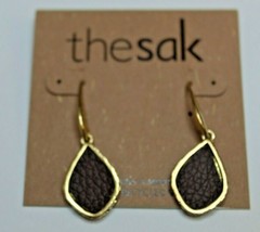 The Sak Gold Tone French Wire Dangle Earrings Gold Leather Drop Filigree Sides - £15.64 GBP