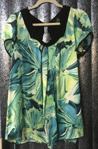 Nue Options Wm. XL Top Turquoise Green Blk Abstract floral print blouse ... - $19.58
