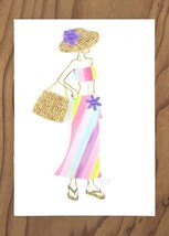 Pastel Stripe Outfit Gal with Straw Hat and Purse Greeting Card - £5.49 GBP