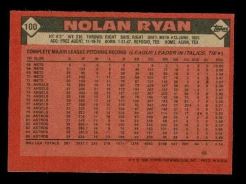 Vintage 1986 Topps BASEBALL Trading Card NOLAN RYAN Houston Astros #100 Item image 2
