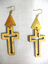 New Light Natural Wooden Cross Silhouette W Goldtone Accents Dangling Earrings - £4.70 GBP