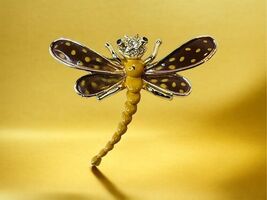 Dragonfly Spotted Wings Yellow Enameled Gold Tone Rhinestone Vintage Bro... - $21.87