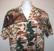 Mens Hilo Hattie Hawaiian Shirt Large Rayon Cotton Tropical Palms Wild Cat Aloha - £25.59 GBP