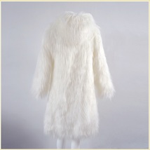 White Hooded Fluffy Long Hair Angora Goat Faux Fur Long Trench Coat Jacket image 2
