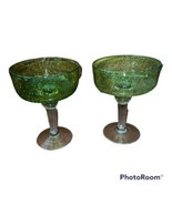 2 Margarita Glasses Vintage Hand Blown Glass Green &amp; Clear Stems Mexico - $29.67