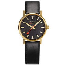 Mondaine Official Swiss Railways Watch EVO2 | Gold Plated/Black Leather Strap - £260.50 GBP