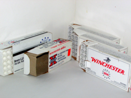 WINCHESTER AMMO BOXES 4-9mm FMJ, 1-38 SPC, EMPTY BOXES w/trays 5 ttl (bl... - £34.95 GBP