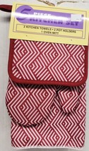 5Pc Set:2 Pot Holders 2 Microfiber Towels 1 Oven Mitt Red &amp; White Zigzags Broder - £23.71 GBP