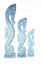 Lg Hand Carved Blue White Wash Wood Set Of 3 Seahorses Art Tropical Nautical Dec - £38.61 GBP