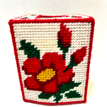 Vintage Handmade Needlepoint Tissue Holder Red Rose Floral 5.75 x 4.5&quot; - £10.92 GBP