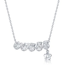Sterling Silver &#39;SWEET&#39; CZ Flower Charm Necklace - £24.02 GBP