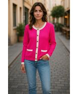 H&amp;M Pink Cardigan Sweater Gold Button White Trim Cotton Blend Career Siz... - €17,13 EUR