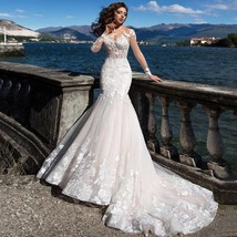 Beautiful Sexy Illusion Wedding Dresses Mermaid Scoop Long Sleeve Applique Sweep - £356.50 GBP