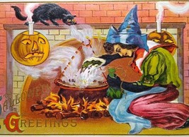 Halloween Postcard Fantasy Witch Magic Potion Cauldron Black Cat Lions Head 116 - £89.81 GBP