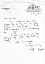 Girish Karnad Signed 1992 Handwritten Letter - £59.16 GBP